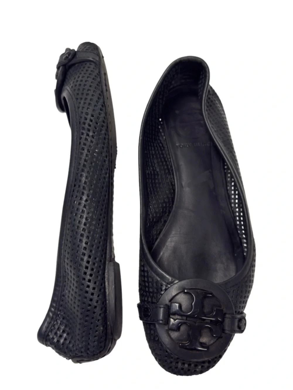 Tory Burch Black Perforated Logo Leather Ballet Flats Size 6